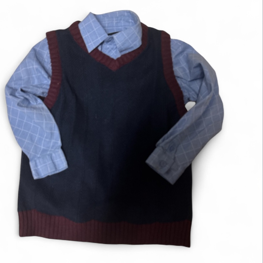 Kenneth Cole Kids Blue and Maroon Button Down Shirt with Sweater Vest